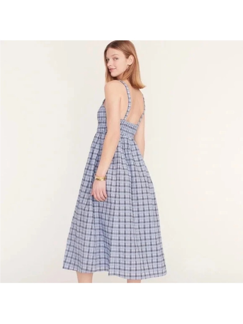J. Crew Blue Plaid Smocked Midi Dress